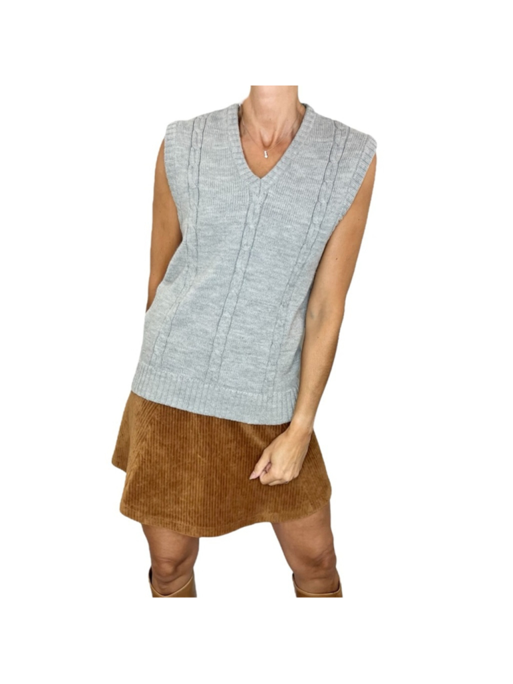 Vintage grey cable knit v neck pullover sleeveless knit grandpa sweater vest S